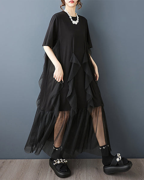 ellazhu Women's Dress Crewneck Short Sleeve Layered Solid Plus Size Tulle See Through Hem Casual Fashion Maxi GZ569 Black
