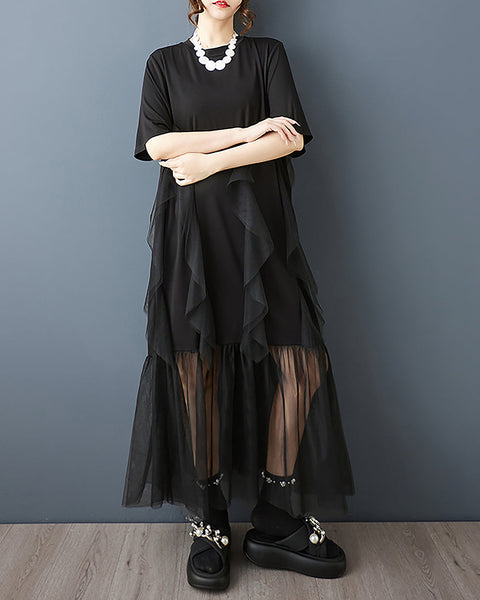 ellazhu Women's Dress Crewneck Short Sleeve Layered Solid Plus Size Tulle See Through Hem Casual Fashion Maxi GZ569 Black