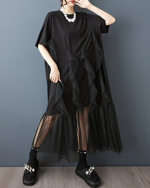 ellazhu Women's Dress Crewneck Short Sleeve Layered Solid Plus Size Tulle See Through Hem Casual Fashion Maxi GZ569 Black
