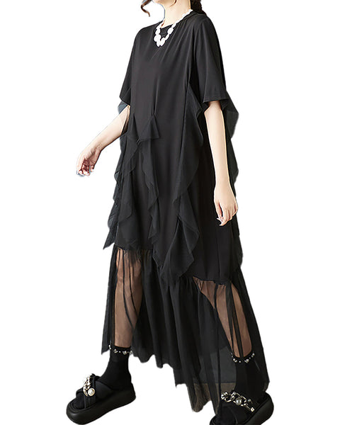 ellazhu Women's Dress Crewneck Short Sleeve Layered Solid Plus Size Tulle See Through Hem Casual Fashion Maxi GZ569 Black