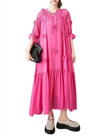 ellazhu Women's Dress Cremneck Short Ruffle Bell Sleeve Solid Pleated Flowy Hem 3D Flowers Casual Loose Plus Size Maxi GZ570 Red