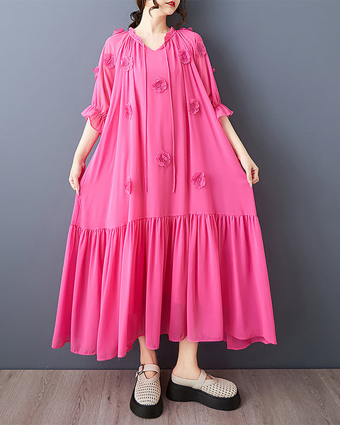 ellazhu Women's Dress Cremneck Short Ruffle Bell Sleeve Solid Pleated Flowy Hem 3D Flowers Casual Loose Plus Size Maxi GZ570 Red