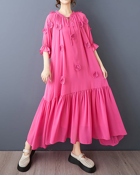 ellazhu Women's Dress Cremneck Short Ruffle Bell Sleeve Solid Pleated Flowy Hem 3D Flowers Casual Loose Plus Size Maxi GZ570 Red