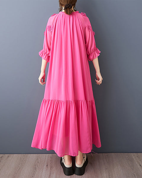 ellazhu Women's Dress Cremneck Short Ruffle Bell Sleeve Solid Pleated Flowy Hem 3D Flowers Casual Loose Plus Size Maxi GZ570 Red