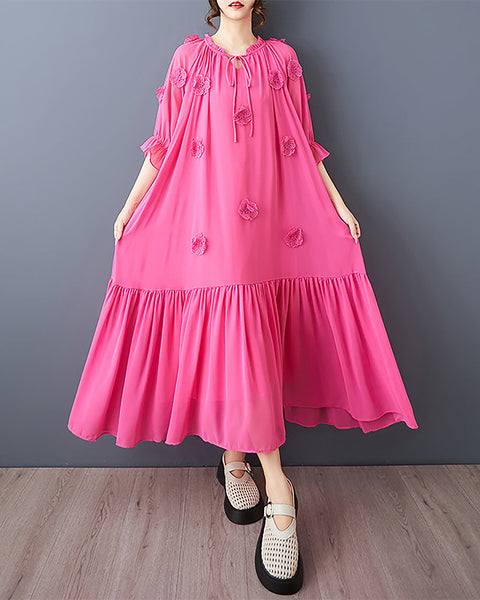 ellazhu Women's Dress Cremneck Short Ruffle Bell Sleeve Solid Pleated Flowy Hem 3D Flowers Casual Loose Plus Size Maxi GZ570 Red