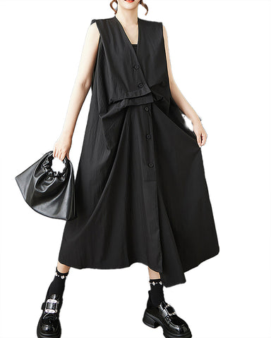 ellazhu Women's Dress V Neck Button Down Sleeveless Solid Flowy Irregular Hem Casual Loose Plus Size GZ574 Black