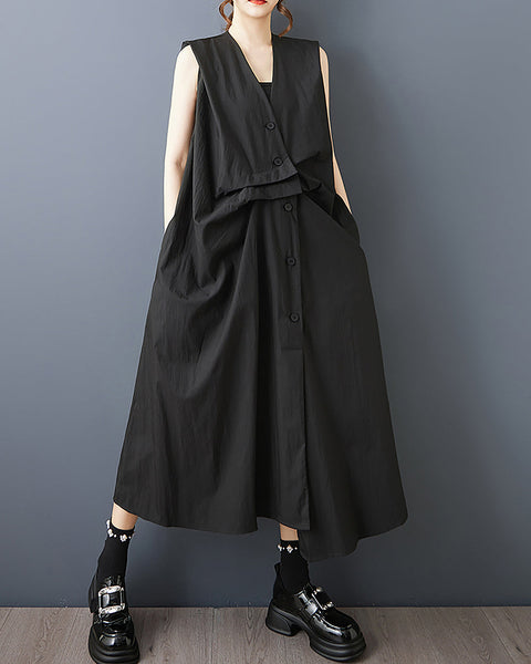 ellazhu Women's Dress V Neck Button Down Sleeveless Solid Flowy Irregular Hem Casual Loose Plus Size GZ574 Black