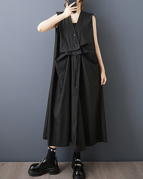 ellazhu Women's Dress V Neck Button Down Sleeveless Solid Flowy Irregular Hem Casual Loose Plus Size GZ574 Black