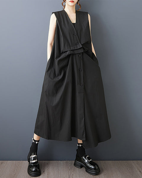 ellazhu Women's Dress V Neck Button Down Sleeveless Solid Flowy Irregular Hem Casual Loose Plus Size GZ574 Black