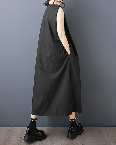 ellazhu Women's Dress V Neck Button Down Sleeveless Solid Flowy Irregular Hem Casual Loose Plus Size GZ574 Black