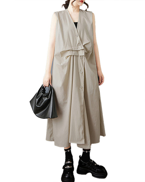 ellazhu Women's Dress V Neck Button Down Sleeveless Solid Flowy Irregular Hem Casual Loose Plus Size GZ574 Black