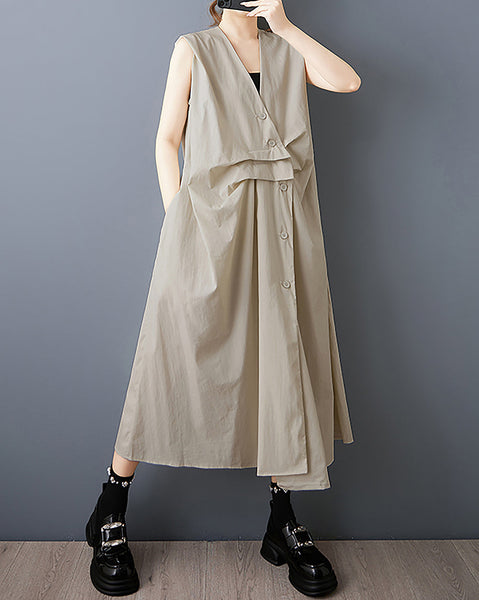 ellazhu Women's Dress V Neck Button Down Sleeveless Solid Flowy Irregular Hem Casual Loose Plus Size GZ574 Black