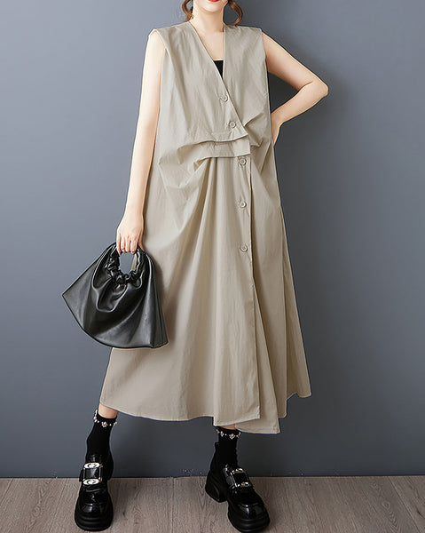 ellazhu Women's Dress V Neck Button Down Sleeveless Solid Flowy Irregular Hem Casual Loose Plus Size GZ574 Black