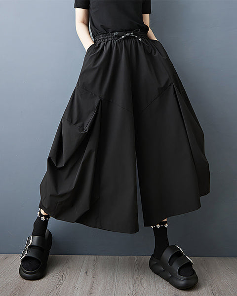 ellazhu Women's Pants Solid Elastic Waist Drawstring Two Side Pockets Plus Size Wide Leg Casual Loose Fashion GZ575 A
