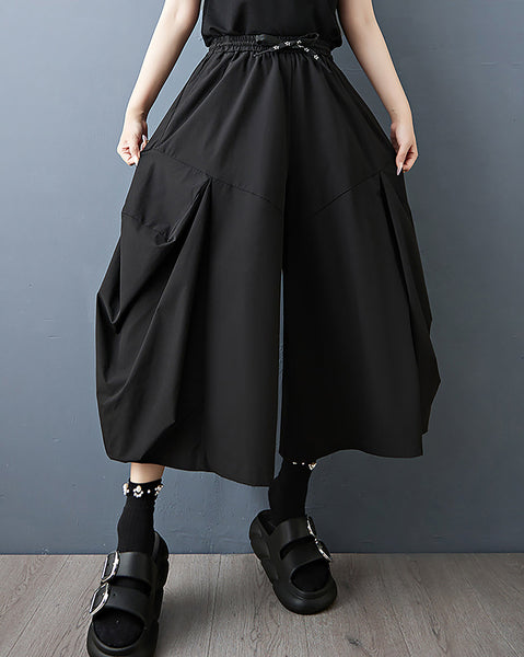 ellazhu Women's Pants Solid Elastic Waist Drawstring Two Side Pockets Plus Size Wide Leg Casual Loose Fashion GZ575 A