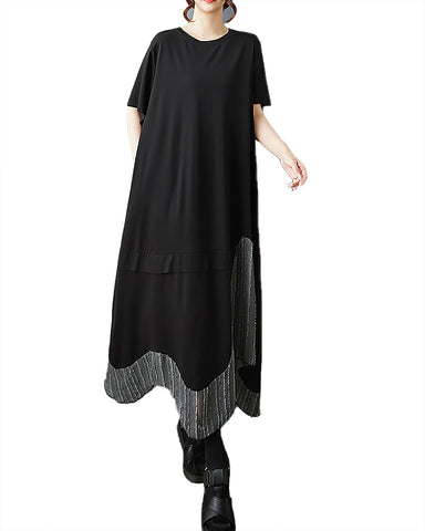 ellazhu Women's Dress Crewneck Short Sleeve Solid Irregular Patchwork Hem Plus Size GZ576 Black