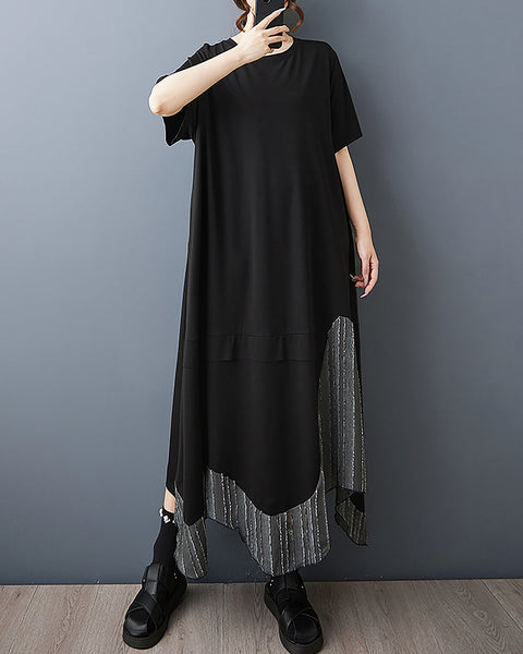 ellazhu Women's Dress Crewneck Short Sleeve Solid Irregular Patchwork Hem Plus Size GZ576 Black