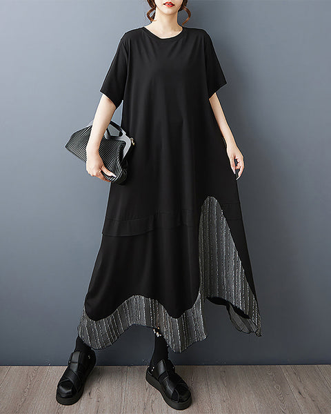 ellazhu Women's Dress Crewneck Short Sleeve Solid Irregular Patchwork Hem Plus Size GZ576 Black