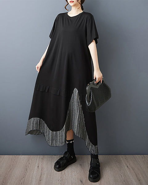 ellazhu Women's Dress Crewneck Short Sleeve Solid Irregular Patchwork Hem Plus Size GZ576 Black