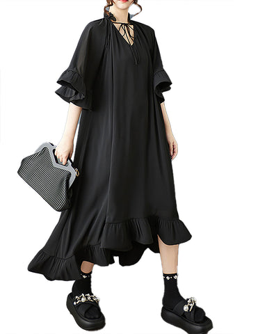 ellazhu Women's Dress Flounce Sleeve Solid V-Neck Irregular Ruffle Hem Fashion Casual Loose Plus SizeGZ577 Black
