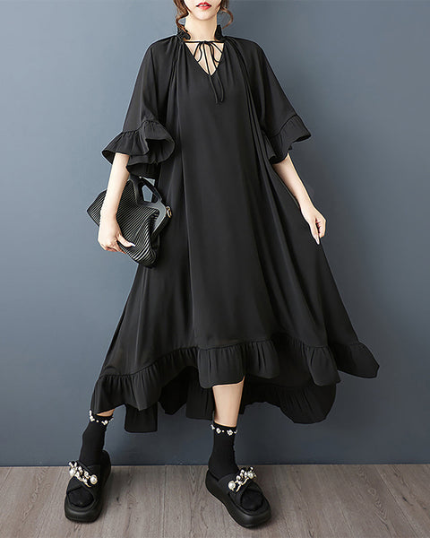 ellazhu Women's Dress Flounce Sleeve Solid V-Neck Irregular Ruffle Hem Fashion Casual Loose Plus SizeGZ577 Black