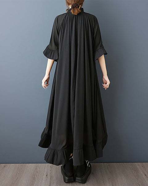 ellazhu Women's Dress Flounce Sleeve Solid V-Neck Irregular Ruffle Hem Fashion Casual Loose Plus SizeGZ577 Black
