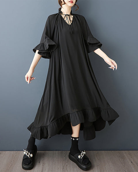 ellazhu Women's Dress Flounce Sleeve Solid V-Neck Irregular Ruffle Hem Fashion Casual Loose Plus SizeGZ577 Black