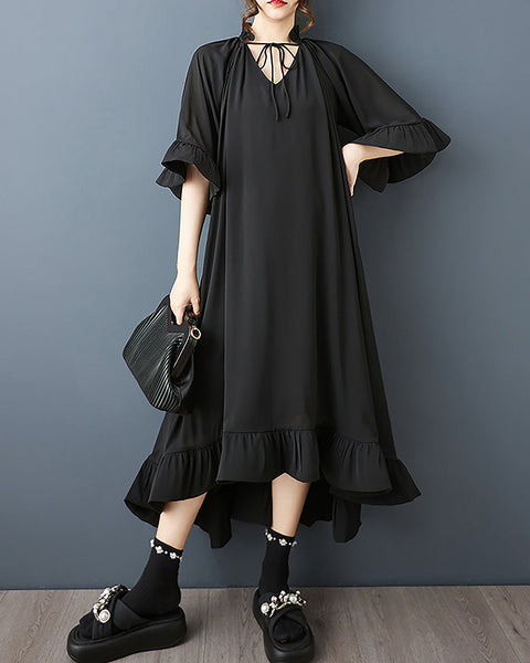 ellazhu Women's Dress Flounce Sleeve Solid V-Neck Irregular Ruffle Hem Fashion Casual Loose Plus SizeGZ577 Black