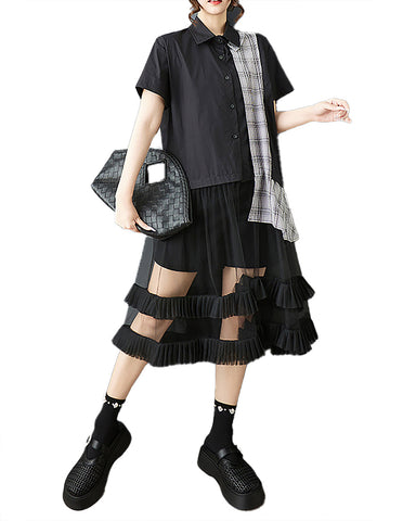 ellazhu Women's Dress Solid Short Sleeve Button Down Patchwork Tulle Mesh Hem Plaid Fashion Casual Plus Size GZ578 Black