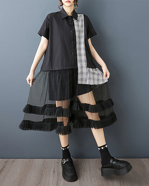 ellazhu Women's Dress Solid Short Sleeve Button Down Patchwork Tulle Mesh Hem Plaid Fashion Casual Plus Size GZ578 Black