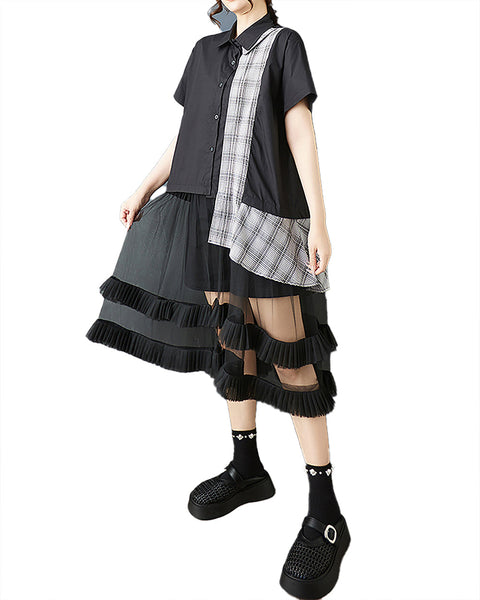 ellazhu Women's Dress Solid Short Sleeve Button Down Patchwork Tulle Mesh Hem Plaid Fashion Casual Plus Size GZ578 Black