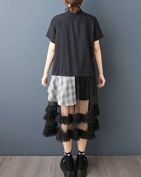 ellazhu Women's Dress Solid Short Sleeve Button Down Patchwork Tulle Mesh Hem Plaid Fashion Casual Plus Size GZ578 Black