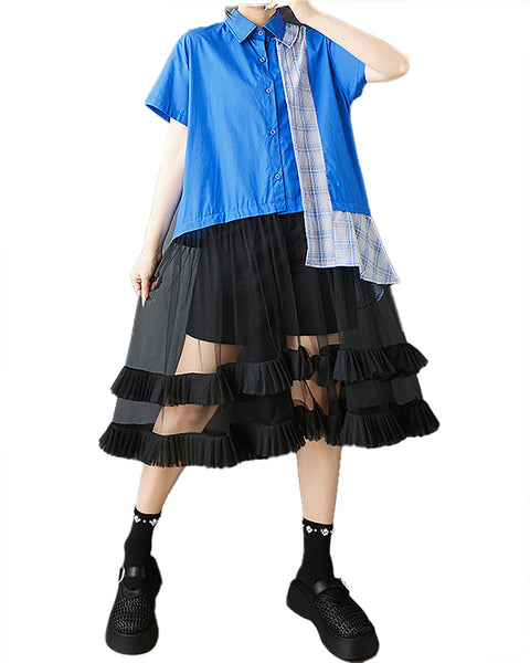 ellazhu Women's Dress Solid Short Sleeve Button Down Patchwork Tulle Mesh Hem Plaid Fashion Casual Plus Size GZ578 Black