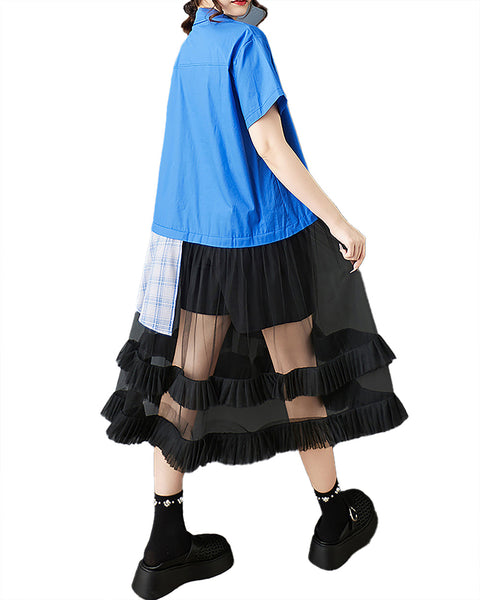 ellazhu Women's Dress Solid Short Sleeve Button Down Patchwork Tulle Mesh Hem Plaid Fashion Casual Plus Size GZ578 Black