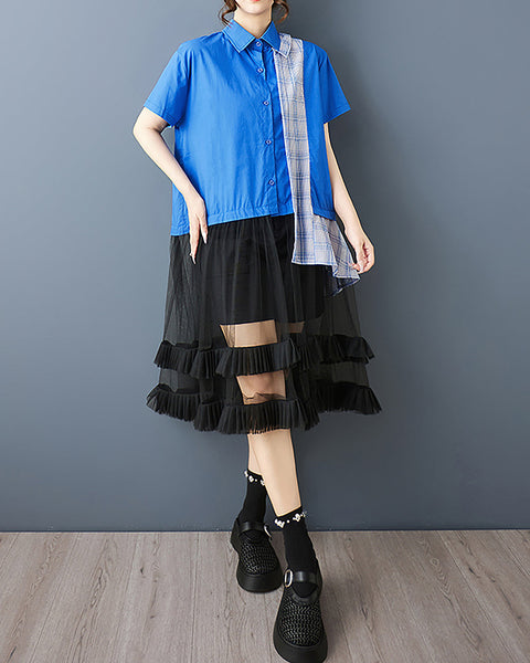ellazhu Women's Dress Solid Short Sleeve Button Down Patchwork Tulle Mesh Hem Plaid Fashion Casual Plus Size GZ578 Black