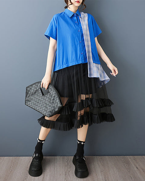 ellazhu Women's Dress Solid Short Sleeve Button Down Patchwork Tulle Mesh Hem Plaid Fashion Casual Plus Size GZ578 Black