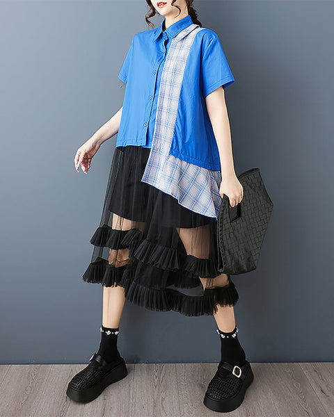 ellazhu Women's Dress Solid Short Sleeve Button Down Patchwork Tulle Mesh Hem Plaid Fashion Casual Plus Size GZ578 Black