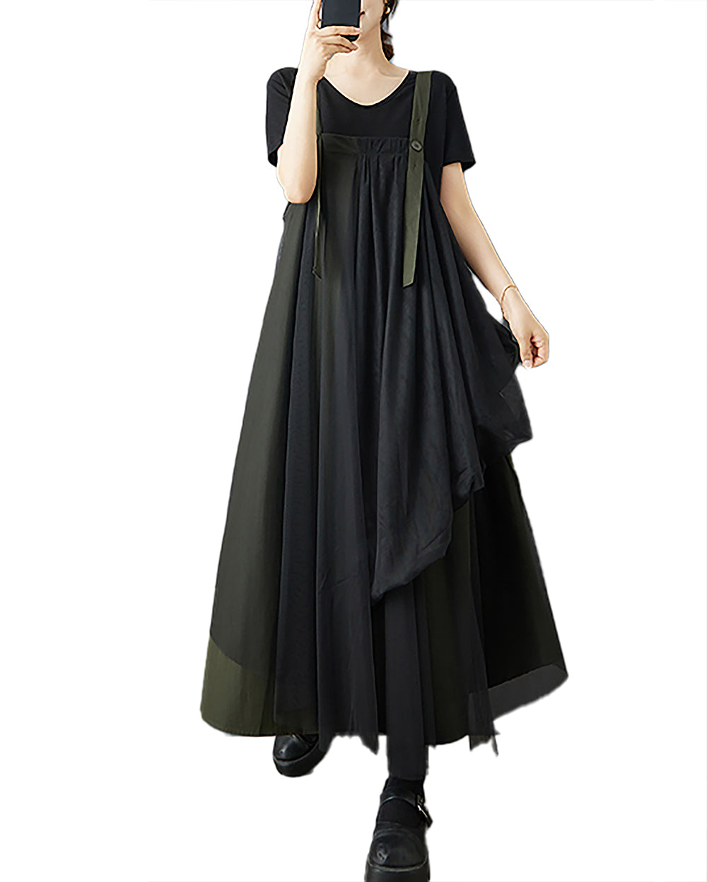 ellazhu Women's Dress Solid Tulle Mesh Plus Size Adjustable Suspenders Overall Dress Casual Fashion Loose GZ580 Army Green