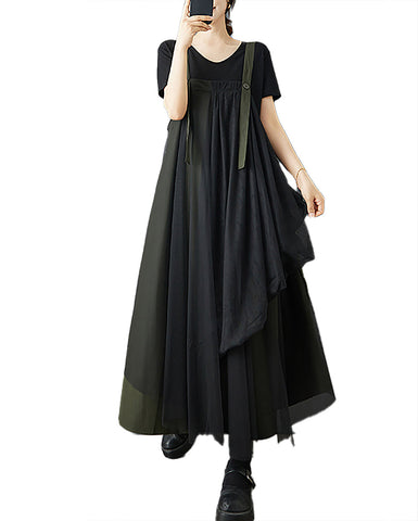 ellazhu Women's Dress Solid Tulle Mesh Plus Size Adjustable Suspenders Overall Dress Casual Fashion Loose GZ580 Army Green