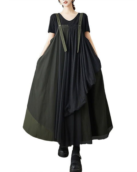 ellazhu Women's Dress Solid Tulle Mesh Plus Size Adjustable Suspenders Overall Dress Casual Fashion Loose GZ580 Army Green