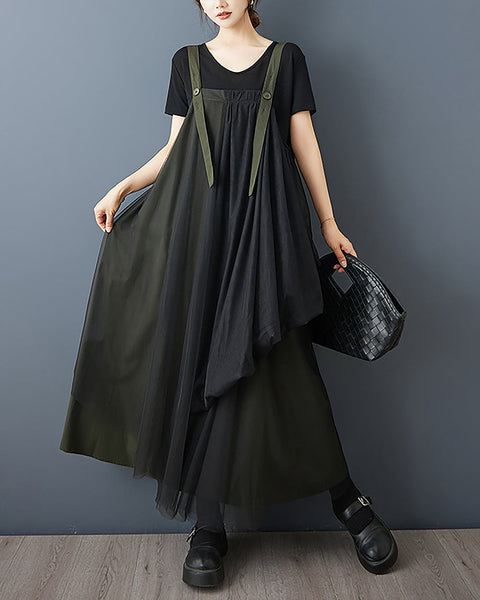 ellazhu Women's Dress Solid Tulle Mesh Plus Size Adjustable Suspenders Overall Dress Casual Fashion Loose GZ580 Army Green