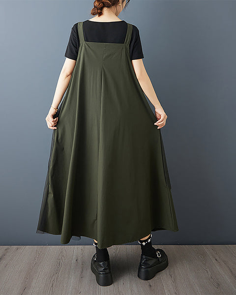 ellazhu Women's Dress Solid Tulle Mesh Plus Size Adjustable Suspenders Overall Dress Casual Fashion Loose GZ580 Army Green