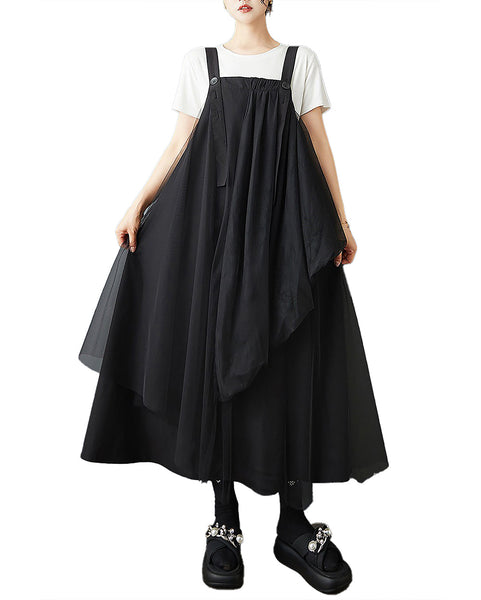 ellazhu Women's Dress Solid Tulle Mesh Plus Size Adjustable Suspenders Overall Dress Casual Fashion Loose GZ580 Army Green