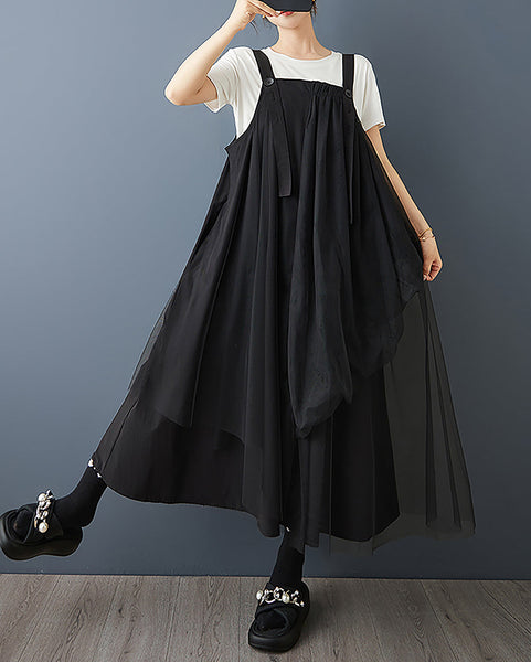 ellazhu Women's Dress Solid Tulle Mesh Plus Size Adjustable Suspenders Overall Dress Casual Fashion Loose GZ580 Army Green