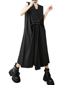 ellazhu Women's Dress Solid Sleeveless Button Down V-Neck Plus Size Fashion Casual Loose GZ581 Black