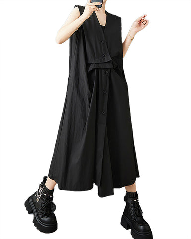 ellazhu Women's Dress Solid Sleeveless Button Down V-Neck Plus Size Fashion Casual Loose GZ581 Black