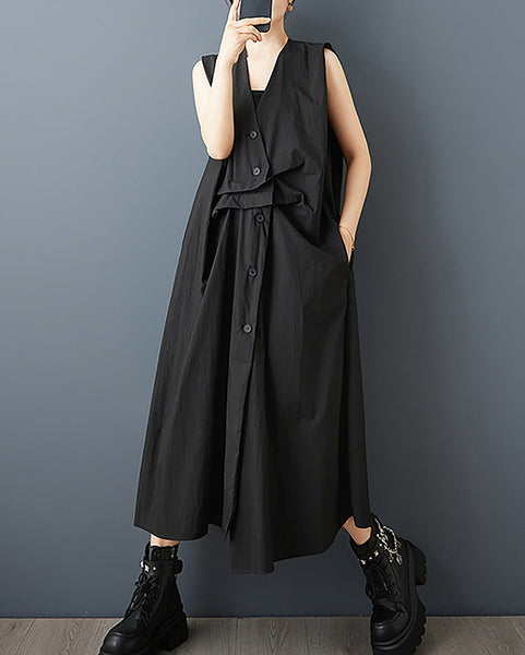 ellazhu Women's Dress Solid Sleeveless Button Down V-Neck Plus Size Fashion Casual Loose GZ581 Black