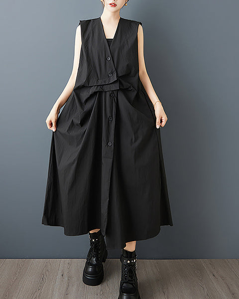 ellazhu Women's Dress Solid Sleeveless Button Down V-Neck Plus Size Fashion Casual Loose GZ581 Black