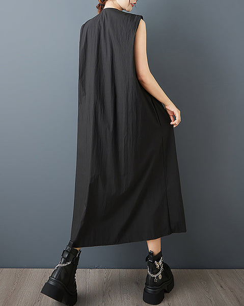 ellazhu Women's Dress Solid Sleeveless Button Down V-Neck Plus Size Fashion Casual Loose GZ581 Black