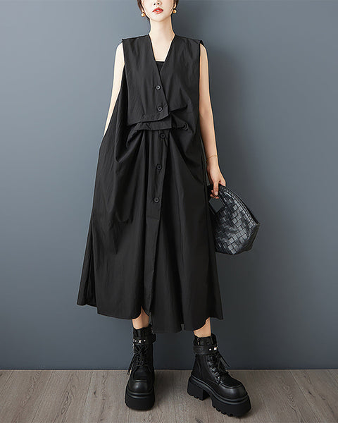 ellazhu Women's Dress Solid Sleeveless Button Down V-Neck Plus Size Fashion Casual Loose GZ581 Black